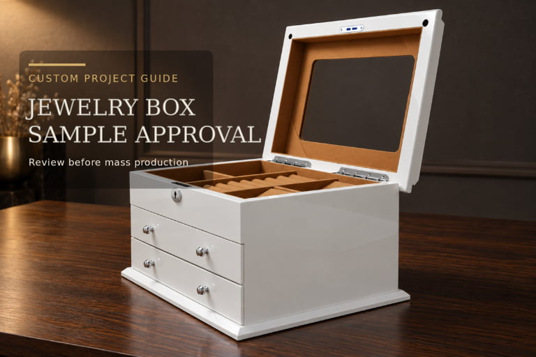 White custom jewelry box sample prepared for review before mass production