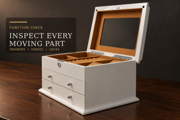A multi-drawer jewelry box sample opened to inspect drawer movement, hinges and hardware