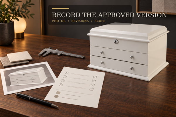 A custom jewelry box sample approval record with photographs, material references and revision notes