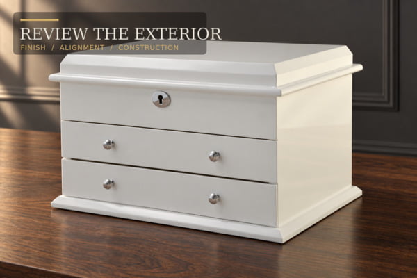 A white custom jewelry box sample being reviewed for exterior finish and construction