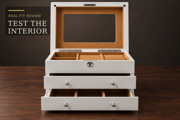 An open custom jewelry box sample showing trays, ring rolls and drawer compartments