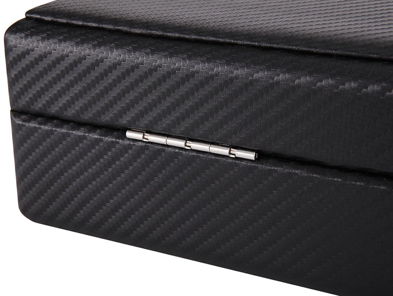 Watch box with metal hinges and carbon fiber exterior detail