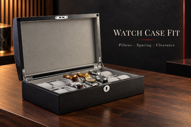 Watch case pillow fit compartment spacing and lid clearance guide