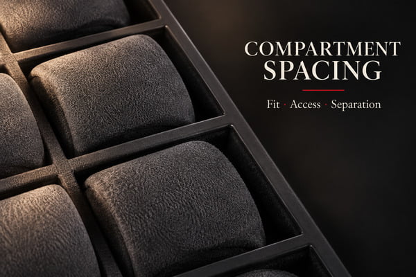 Close view of individual watch pillows and compartment spacing in a custom watch case