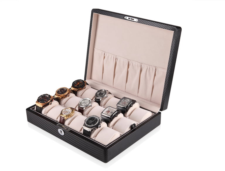 18-Watch Carbon Fiber Watch Case Organizer with Storage Bag