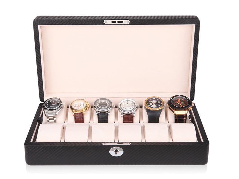 12 slot watch collection case with multiple watch compartments