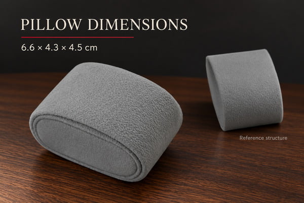 Grey watch pillow reference dimensions 6.6 by 4.3 by 4.5 cm for watch case planning