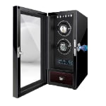 Black 2 watch winder with fingerprint lock, LED lighting, two winding positions and lower storage drawer