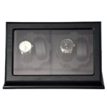 Wood veneered luxury watch winder angled view with glass panel