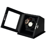 Wood watch winder case showing glass display and winding compartment
