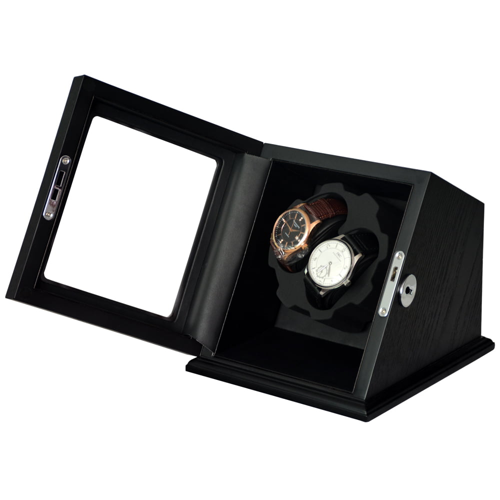 Wood watch winder case showing glass display and winding compartment