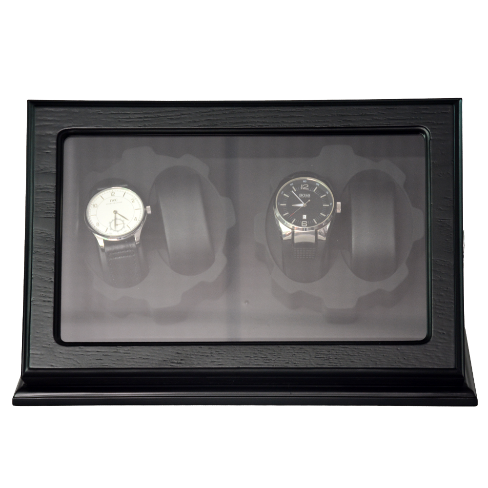 Wood veneered luxury watch winder angled view with glass panel