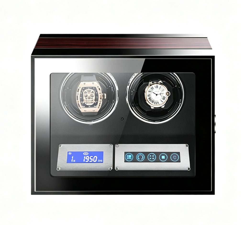Front view of 2 watch winder with two winding positions, tempered glass window and touchscreen control panel