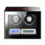 Front view of 2 watch winder with two winding positions, tempered glass window and touchscreen control panel