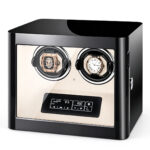 Luxury watch winder case with black exterior and touchscreen display window