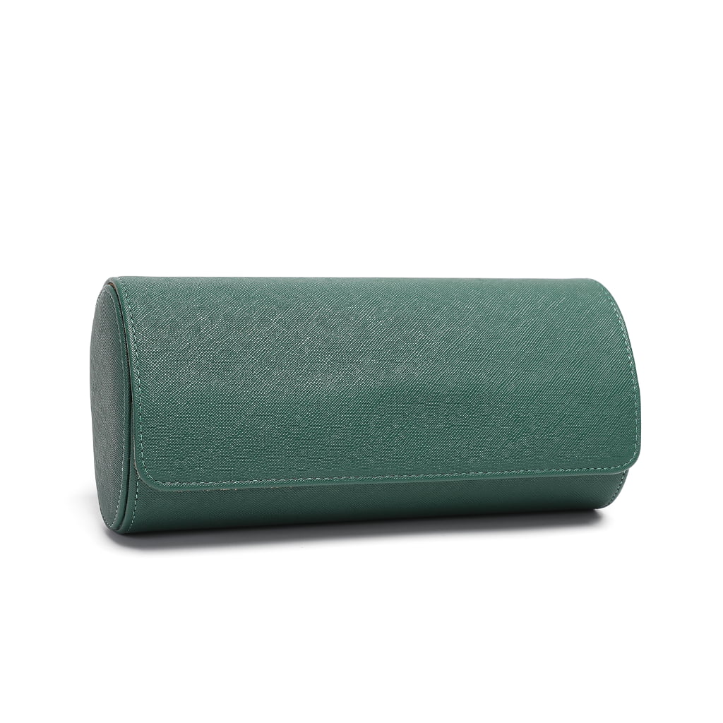 PU Leather 3 Watch Roll Travel Case with green exterior