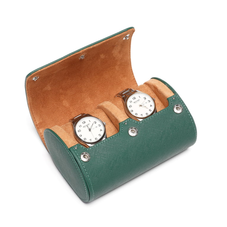 Double Watch Travel Case in Green PU Leather with Coffee Velvet Interior