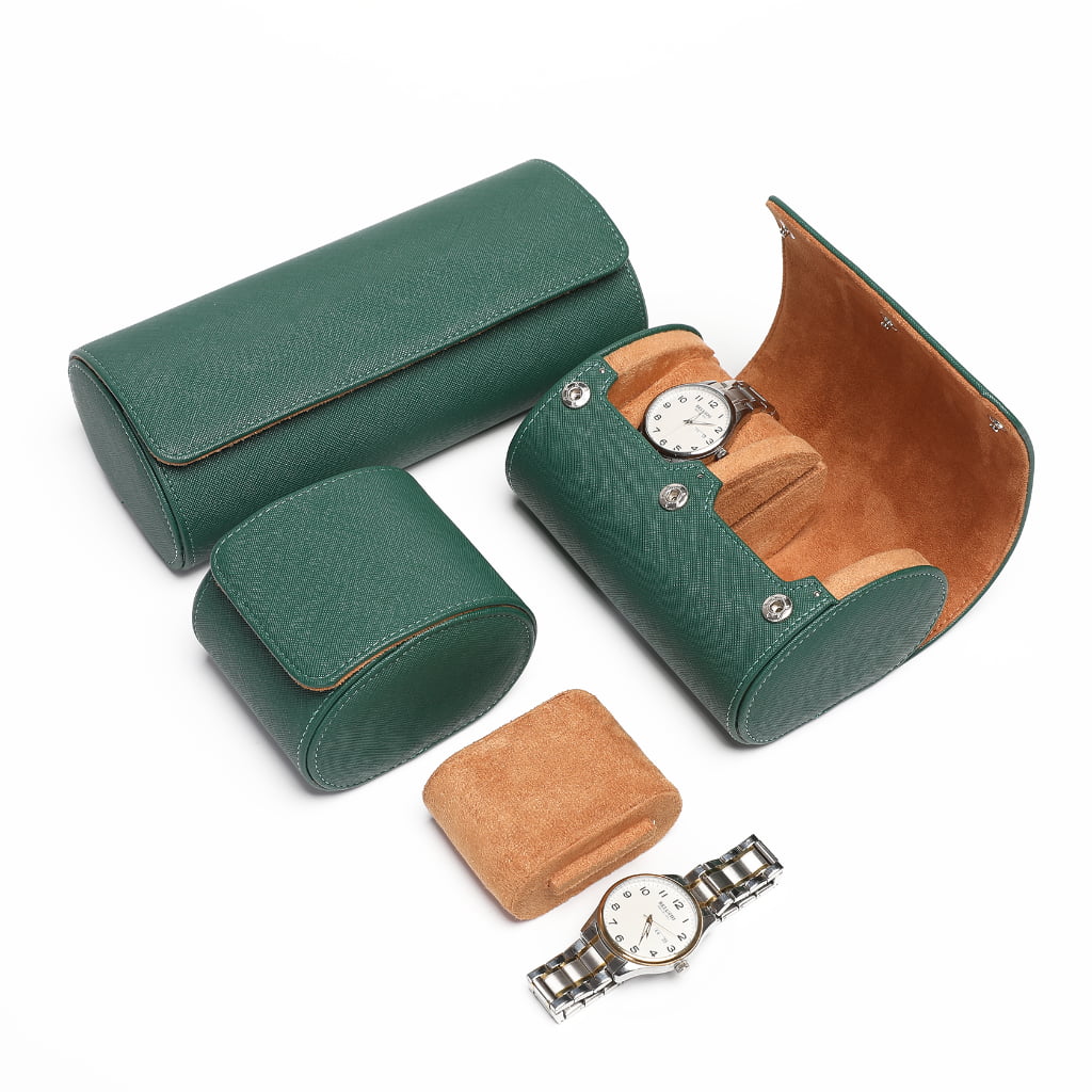 PU Leather 3 Watch Roll Travel Case with velvet coffee interior.