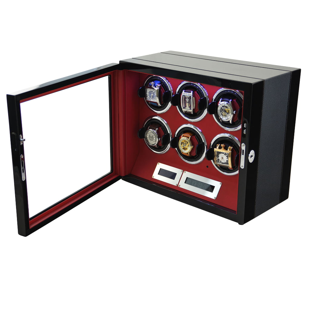 Carbon fiber 6 watch winder with door sensor