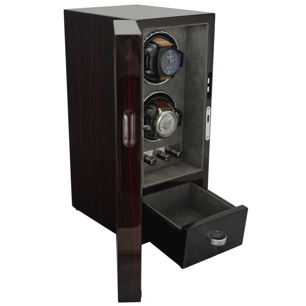 LED Double Watch Winder with Drawer and PU Leather interior