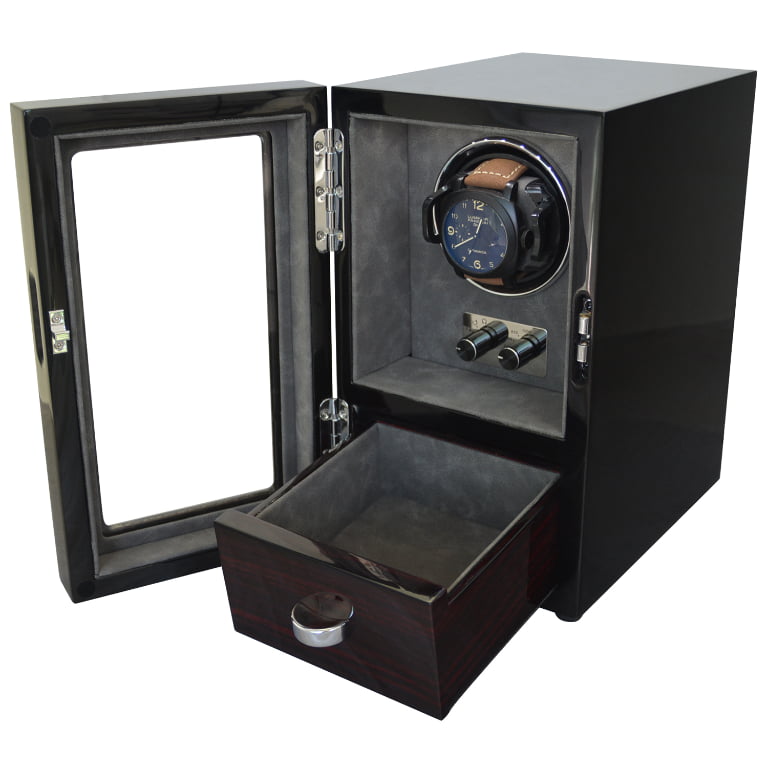 Black Single Watch Winder with LED Light and Storage Drawer