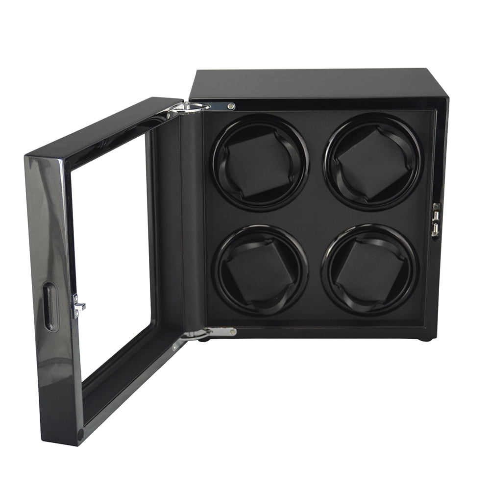 Quad Watch Winder Box with LED Light and PU Leather interior
