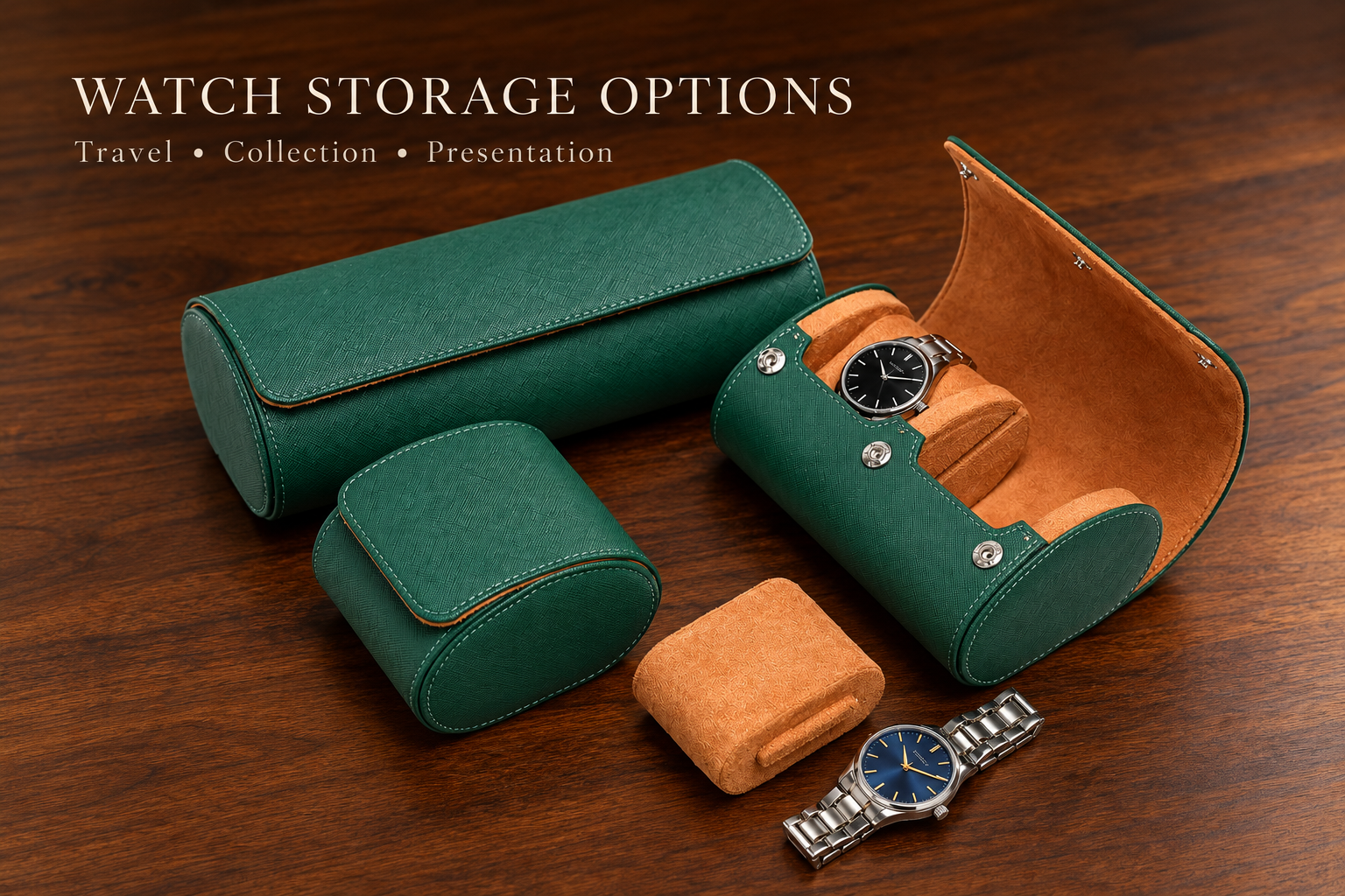 Green single-watch case and three-watch roll with tan lining on a wooden table