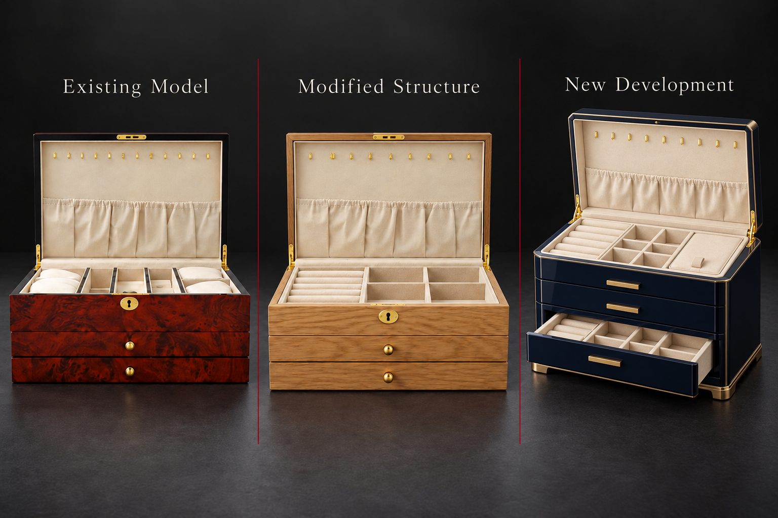 Jewelry Box Product Development Routes Comparison of an existing jewelry box, a modified finish and interior layout, and a new multi-layer design