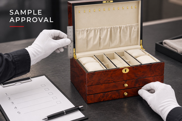 Jewelry Box Sample Approval Check Gloved hands checking the dimensions and drawer of a wooden jewelry box sample