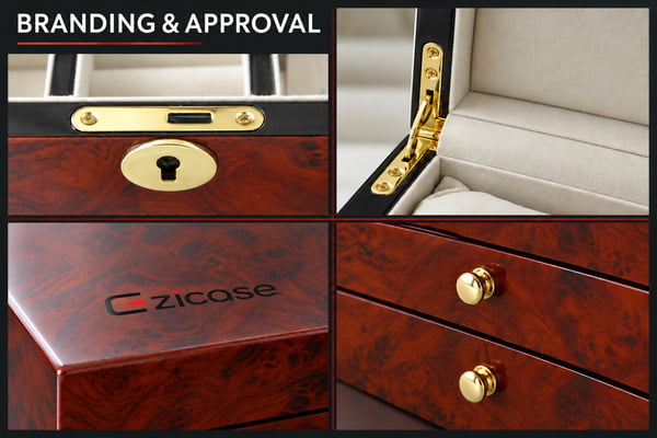 Ezicase jewelry box logo placement and hardware approval details