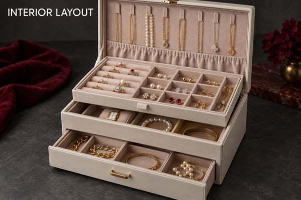 Multi-layer jewelry storage box with necklace hooks, ring rolls, divided trays and drawers