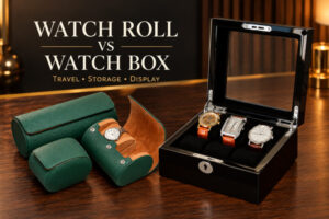 Black six-slot watch box and green watch roll for travel and collection storage