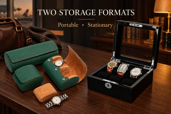Green three-watch roll and black six-slot watch box comparing portable and stationary storage