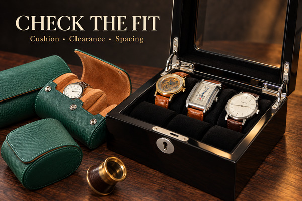 Watch cushions, clearance and spacing shown in a three-watch roll and six-slot watch box