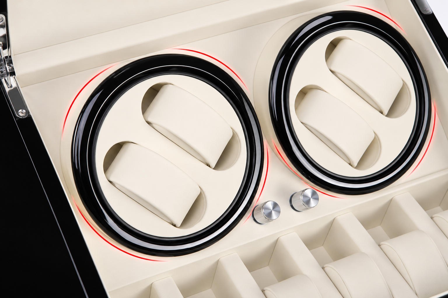 Close-up of watch winder holders and clearance around the winding modules