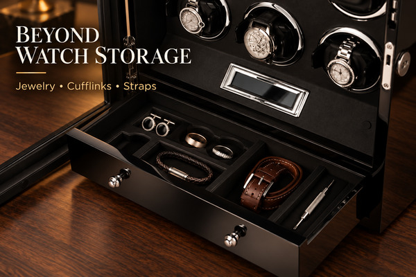 Open watch winder drawer holding cufflinks, rings, a bracelet, a watch strap and a small watch tool