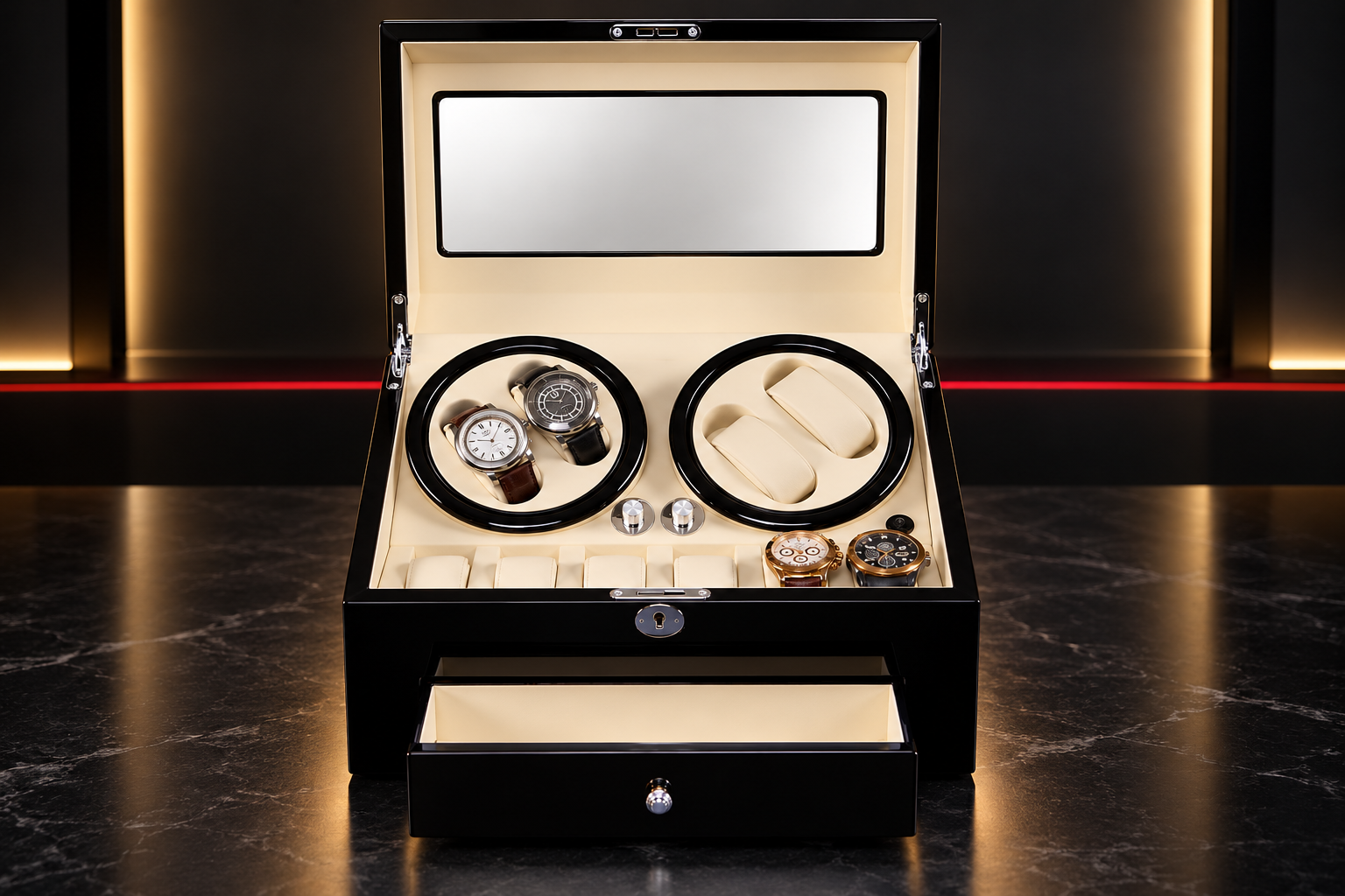 Open ready-stock watch winder showing winding modules storage positions and drawer