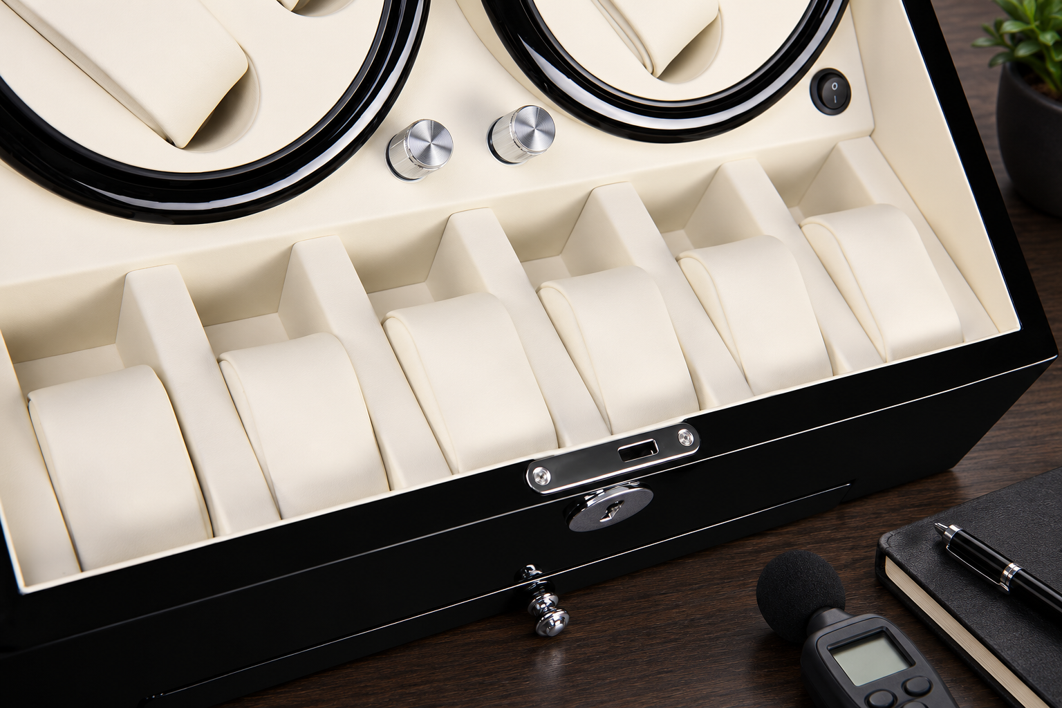Watch winder sample evaluation with storage positions and sound meter