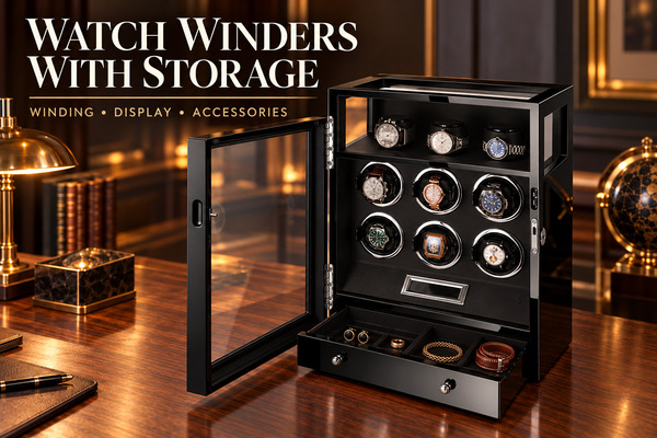 Black watch winder with six winding positions, three display positions and an open accessory drawer