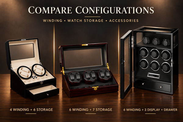 Three watch winder configurations comparing winding positions, watch storage, display positions and a drawer