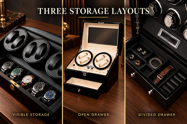 Comparison of visible watch storage, an open drawer and a divided accessory drawer in watch winders