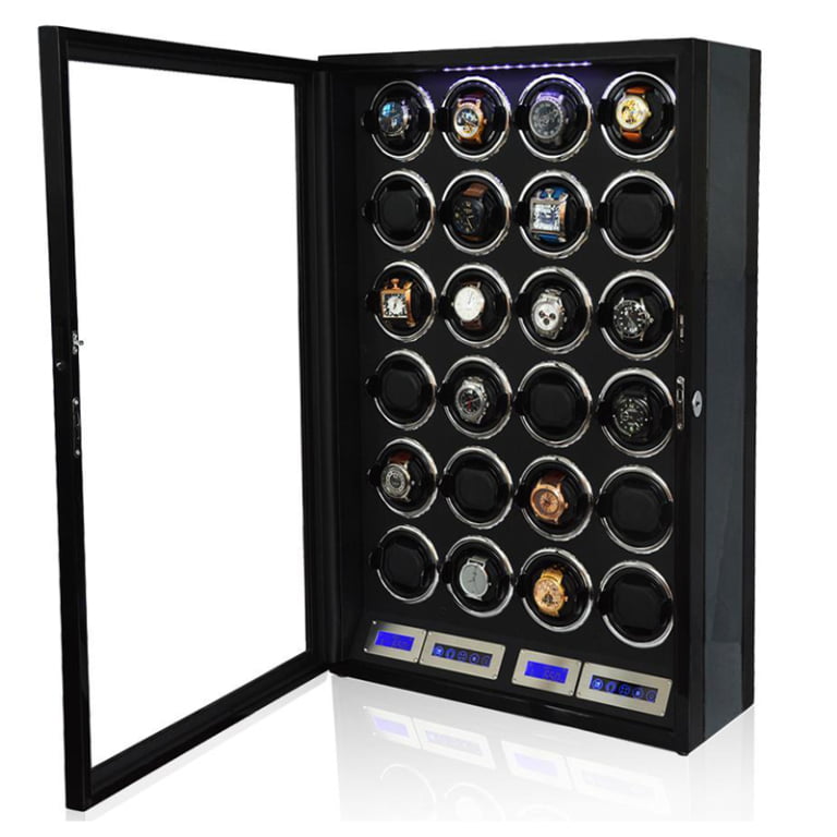 Carbon Fiber 24-Slot Watch Winder with Door Sensor for Luxury Watch Collections